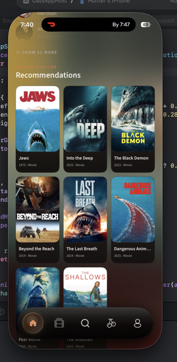 Oats recommendations grid with poster art and bottom navigation.